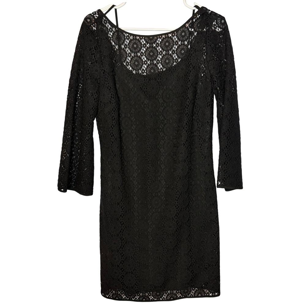 Lilly Pulitzer Black Lace Sheath Dress M Boho Chic 3/4 Sleeve Scoop Neck LBD